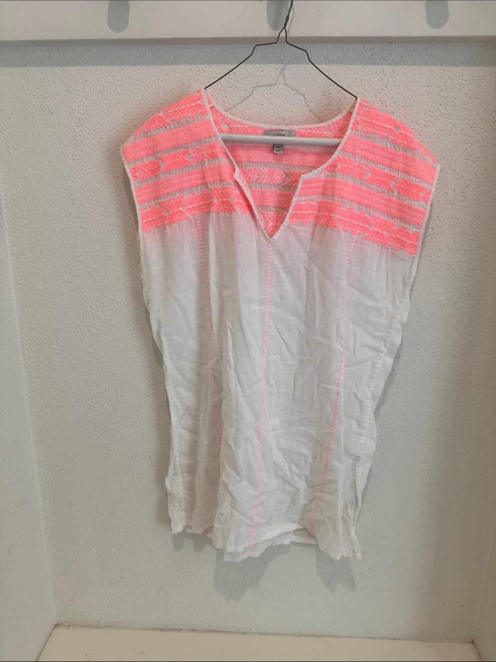 J. Crew White Swim Coverup Tunic with Neon Coral Embroidery